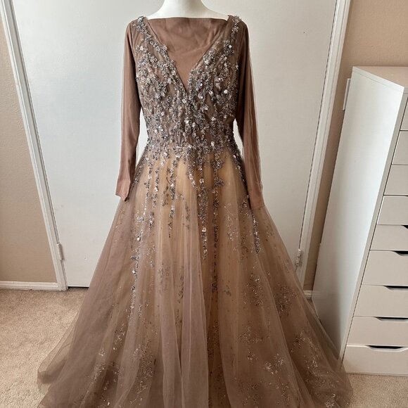 Elegant Long Sleeve Embellished Gown - Picture 1 of 6